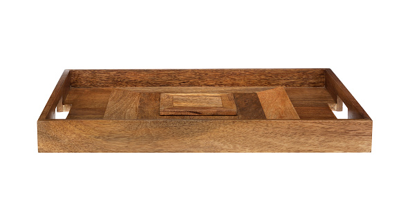 A wooden tray on a white background