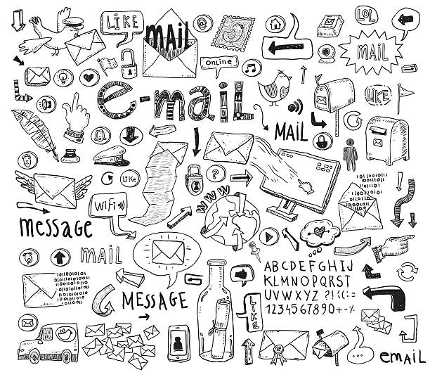 e-mail doodle set. руки drawn векторные иллюстрации. - mailbox mail symbol box stock illustrations