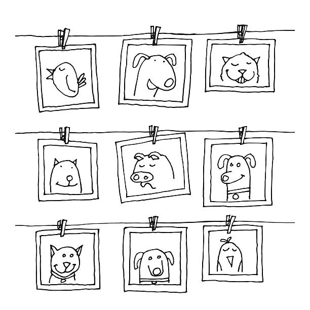 nastavte rámečky obrázků s portrétem zvířat, ručně kreslenou vektorovou ilustrací. - kreslení pohyb fotky stock ilustrace
