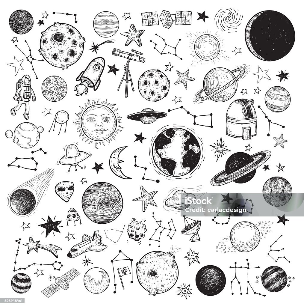 Set di pianeti icona mano disegnata illustrazione vettoriale. - arte vettoriale royalty-free di Disegnare