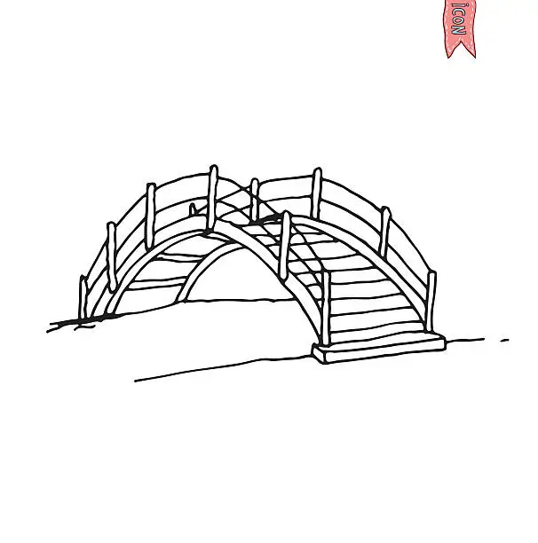 Vector illustration of wooden arch bridge, vector illustration.