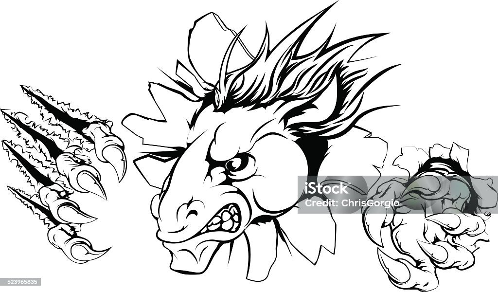 Horse ripping through background A scary horse mascot ripping through the background with sharp claws Anger stock vector