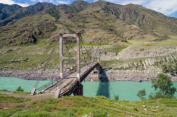 istock Abandoned bridge over the river Katun, Altai. 523969741