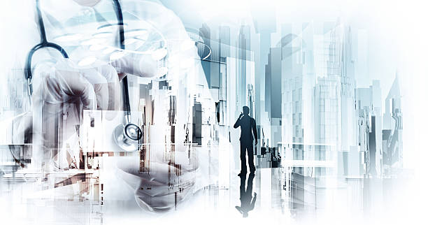 istock Double exposure of image abstract hospital city 523997065