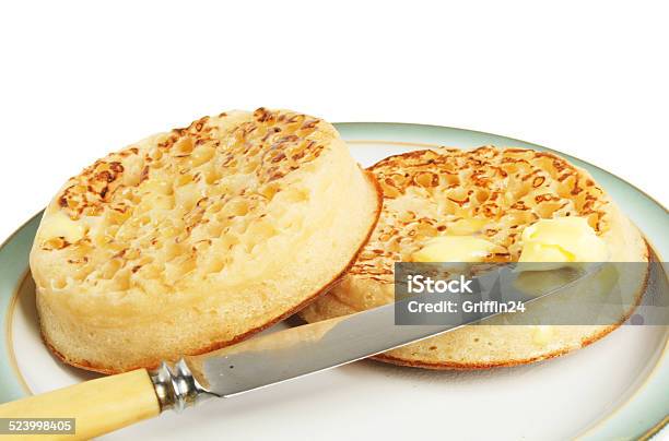 Crumpets Closeup Stock Photo - Download Image Now - Crumpet, Butter, Plate