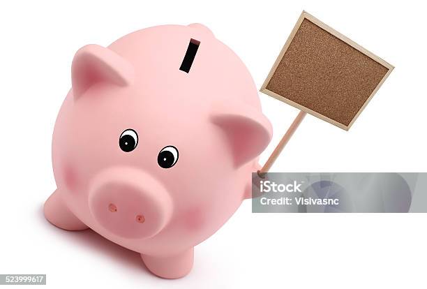 Piggy Bank With Sign Board Isolated On White Background Stock Photo - Download Image Now