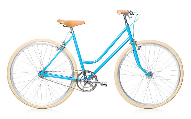 elegante de la mujer azul bicicleta aislado en blanco - bicicleta fotografías e imágenes de stock