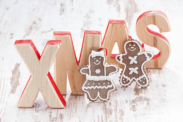 istock decorative wooden letters xmas on white background, gingerbread 524000755