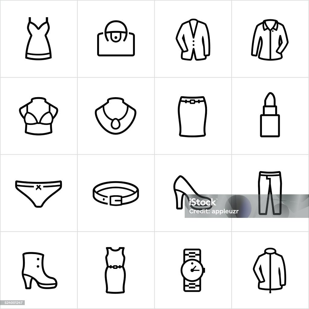 Womens Formal Wear Icons - Line Style Formal, clothing, women's, formal wear, accessories, business attire, icons, symbols. All lines are expanded and merged. Fashion stock vector