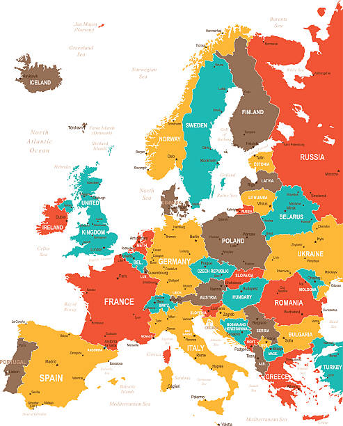 ilustraciones, imágenes clip art, dibujos animados e iconos de stock de infografía colorido mapa de europa - map germany topographic map vector