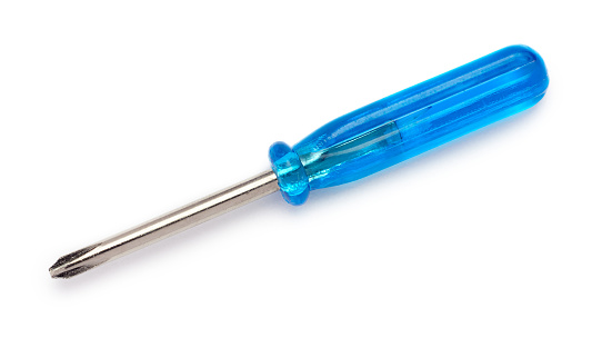 Blue screwdriver with a transparent plastic handle isolated on a white background