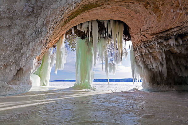 Ice Cave & Ice Curtains on Grand Island near Munising Michigan stock photo