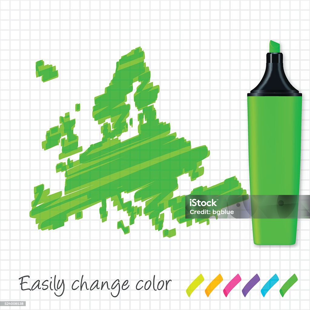 Europe map hand drawn on grid paper, green highlighter Map of Europe drawn with green highlighter, isolated on a squared paper sheet. Easily change color : yellow, orange, pink, purple, blue, green. Highlighter stock vector
