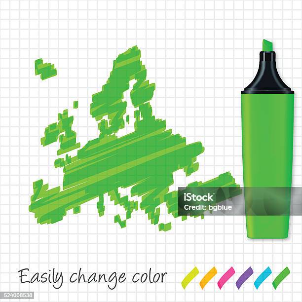 Europe Map Hand Drawn On Grid Paper Green Highlighter Stock Illustration - Download Image Now