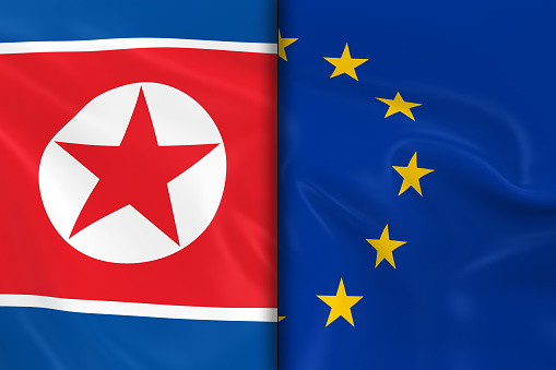 Flags of North Korea and the European Union Split Down the Middle - 3D Render of the North Korean Flag and EU Flag with Silky Texture