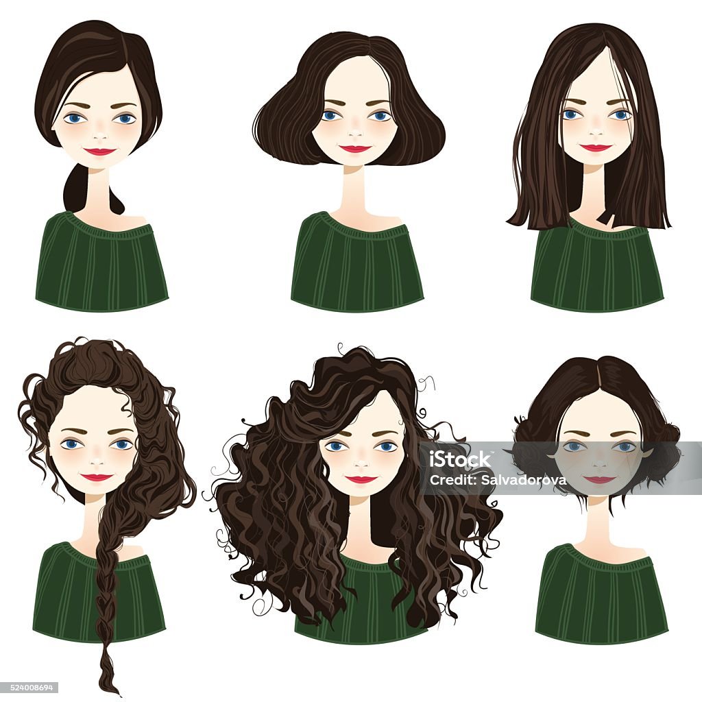 Set Of Stylish Womens Hairstyles Stock Illustration - Download Image Now -  Curly Hair, Women, Long Hair - iStock