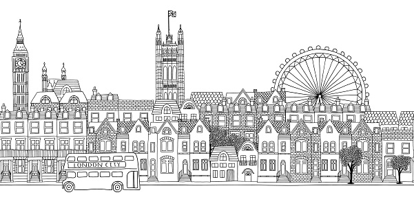 Hand drawn black and white illustration of London city