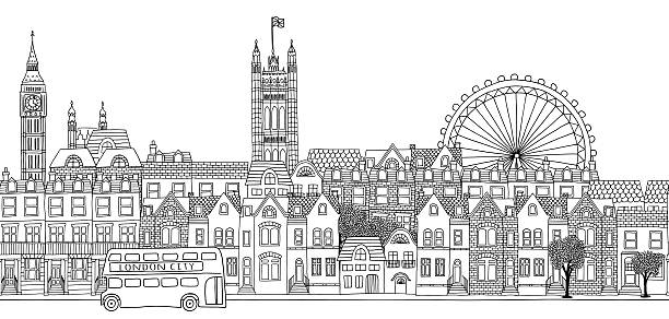 Seamless banner of London's skyline Hand drawn black and white illustration of London city london england illustrations stock illustrations