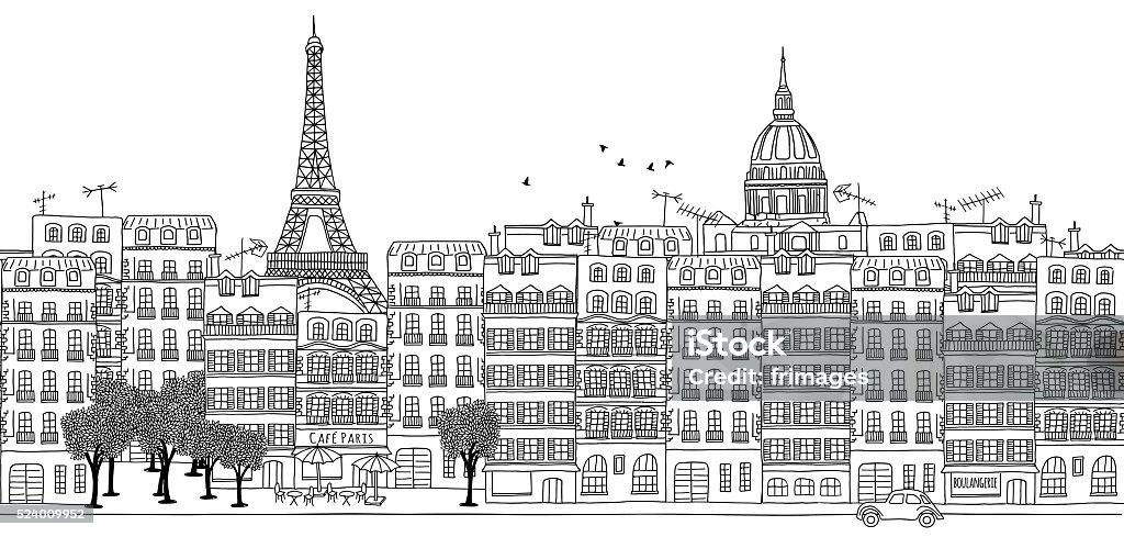 Seamless banner of Paris skyline Hand drawn black and white panorama illustration of Paris skyline Paris - France stock vector