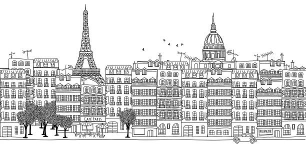 Seamless banner of Paris skyline Hand drawn black and white panorama illustration of Paris skyline drawing of paris skyline stock illustrations