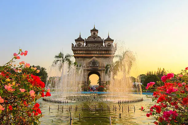 a war monument on Lang Xang Avenue in the centre of Vientiane, Laos.