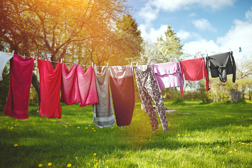 Clean wet garments hanging on rope and drying near retro chair and bowl on laundry day in garden