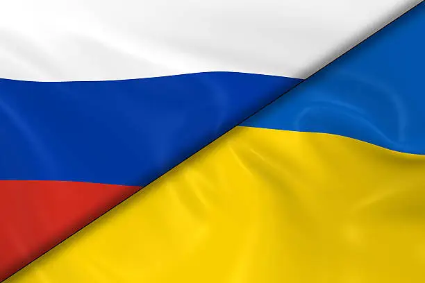 Photo of Flags of Russia and the Ukraine Divided Diagonally