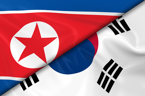 Flags of North Korea and South Korea Divided Diagonally - 3D Render of the North Korean Flag and South Korean Flag with Silky Texture