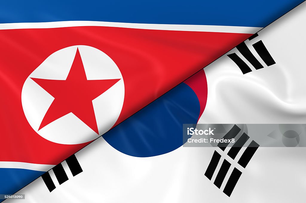 Flags of North Korea and South Korea Divided Diagonally Flags of North Korea and South Korea Divided Diagonally - 3D Render of the North Korean Flag and South Korean Flag with Silky Texture South Korea Stock Photo