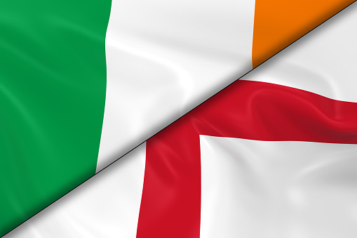 Flags of Ireland and England Divided Diagonally - 3D Render of the Irish Flag and English Flag with Silky Texture