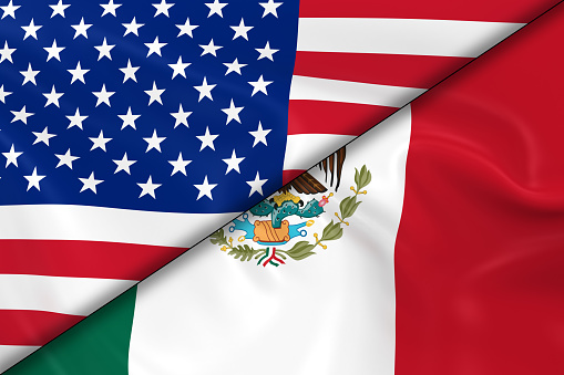 Politics, governments and global relations concepts. 3D rendered American Flag and Mexican flag covered bold arrows standing standing on a chess board on same direction.
