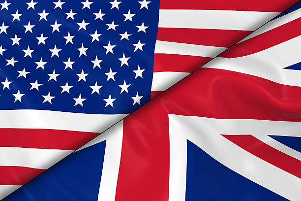 Flags of the USA and the UK Divided Diagonally stock photo