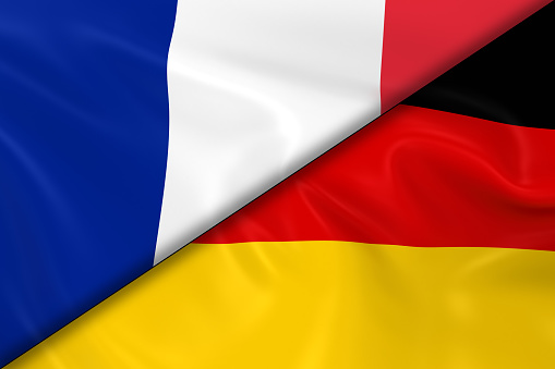 Flags of France and Germany Divided Diagonally - 3D Render of the French Flag and German Flag with Silky Texture