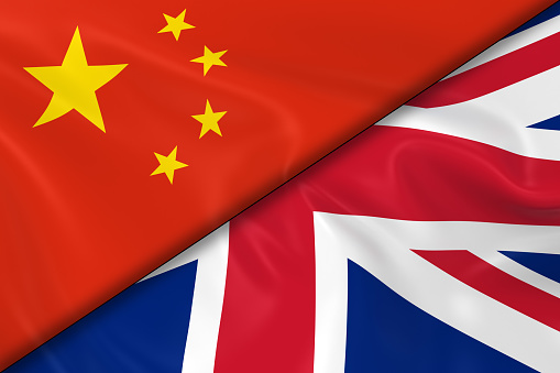 Flags of China and the United Kingdom Divided Diagonally - 3D Render of the Chinese Flag and UK Flag with Silky Texture