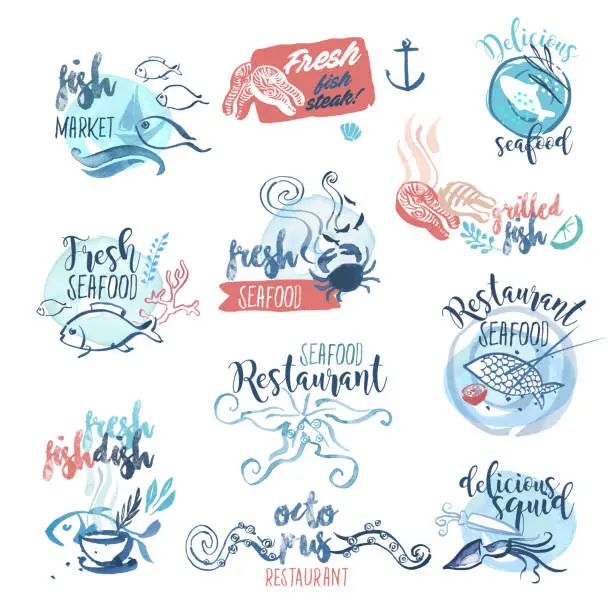 Vector illustration of Set of hand drawn watercolor labels and signs of seafood