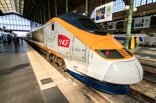 Paris, France - April 15, 2014: TGV at station Gare du Nord in Paris, France, on April 15, 2014