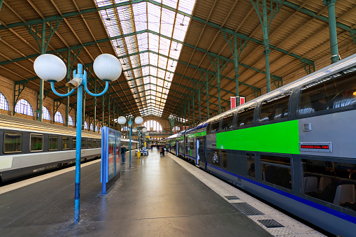 Paris, France - April 15, 2014: Trains at the platform at Gare du Nord Paris, France, on April 15, 2014