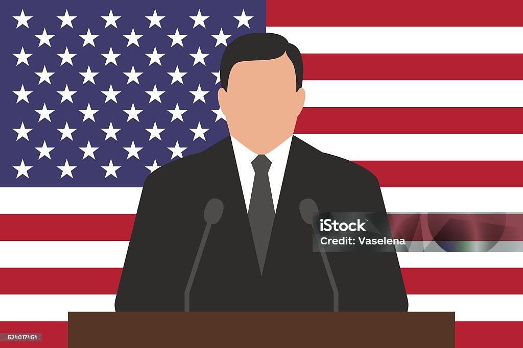 Politician behind podium, USA flag at background Politician is standing behind podium, USA flag at background Lectern stock vector