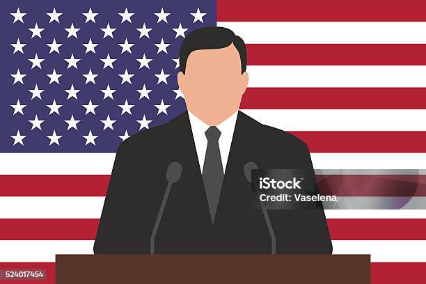Politician Behind Podium Usa Flag At Background Stock Illustration - Download Image Now - Lectern, Political Rally, Adult