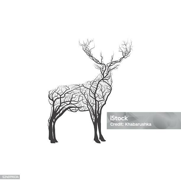 Branch Deer Vector Illustration Stock Illustration - Download Image Now - Deer, In Silhouette, Tree