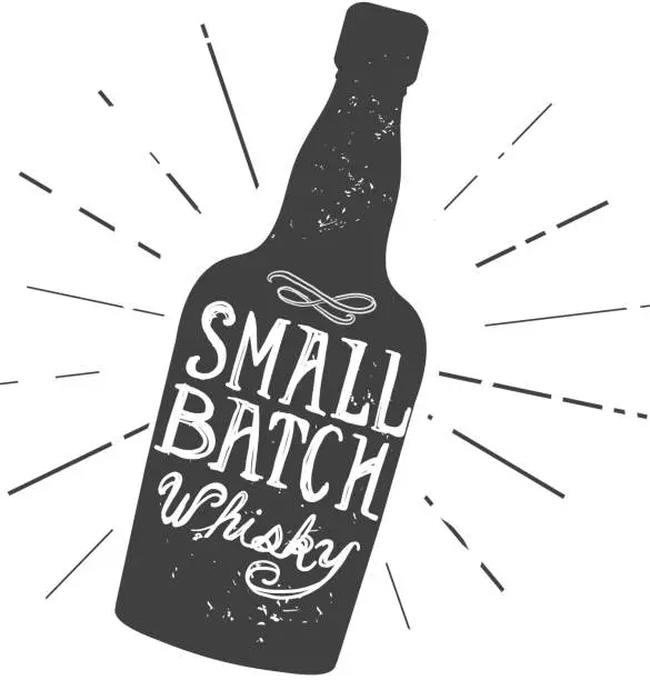 Vector illustration of Small Batch Whisky bottle and label hand lettering design