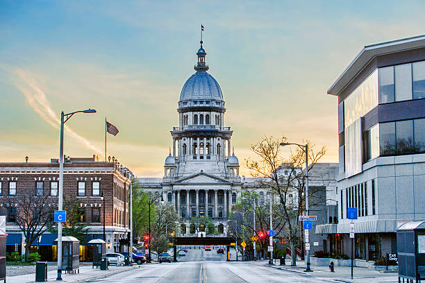 Illinois State Capitol Building The Illinois state capitol building is located in downtown Springfield.  Opened in 1889, construction on the capitol began in 1869, taking 20 years to build at a cost of $4.5 million dollars.  From ground level to top of dome, the Illinois capitol is 361 feet tall, and is even than the U.S. capitol building in Washington, D.C. illinois stock pictures, royalty-free photos & images