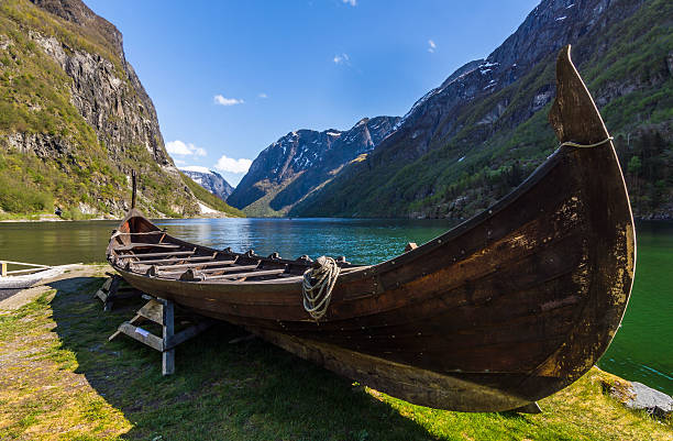 Viking Ship Viking Ship resting alongside Gudvangen Fjord in Norway. viking ship photos stock pictures, royalty-free photos & images