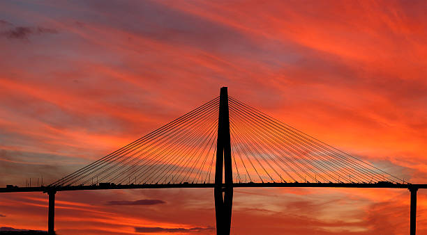 ponte suspensa ao pôr do sol - charleston south carolina south carolina bridge suspension bridge imagens e fotografias de stock