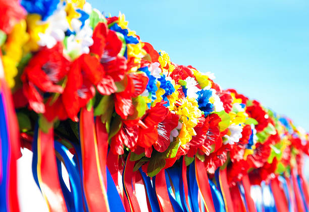 istock Colorful wreaths on blue sky background 524023049