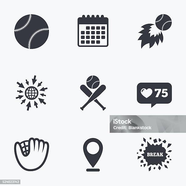 Baseball Icons Ball With Glove And Bat Symbols Stock Illustration - Download Image Now - Badge, Baseball Glove, Calendar