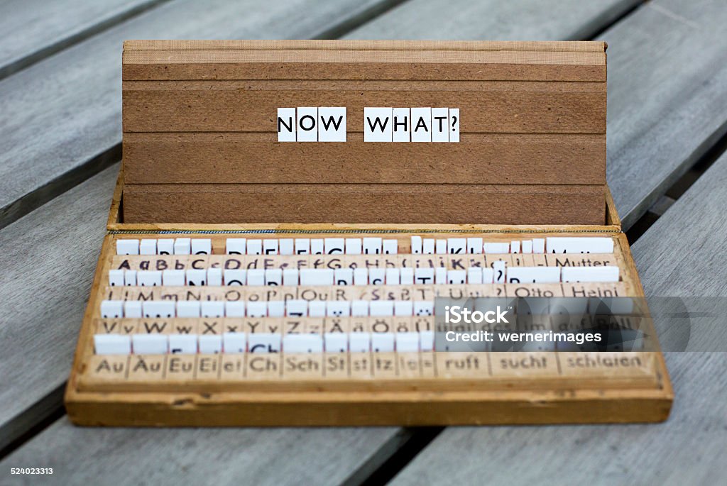 now what? the word "now what?" on an old school letter box Achievement Stock Photo