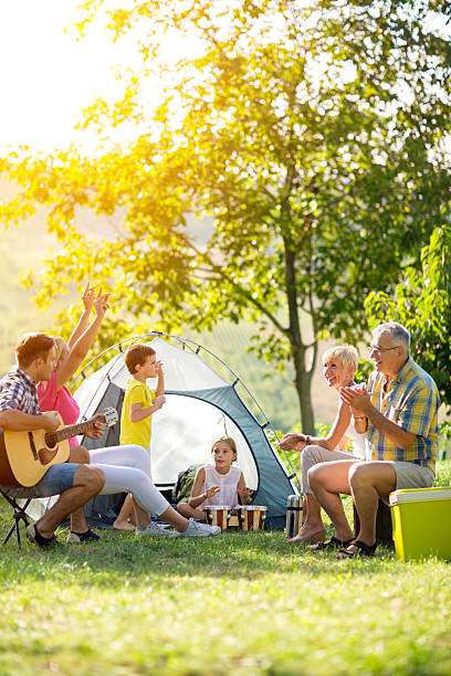 feliz familia disfrutando de día de verano - child picnic smiling outdoors fotografías e imágenes de stock