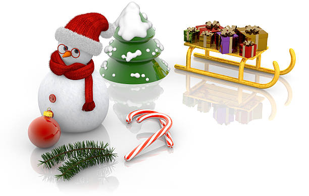 istock snowman, sled, and fir 524024253