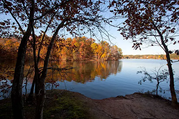 A scenic autumn view on Lake Norman in North Carolina